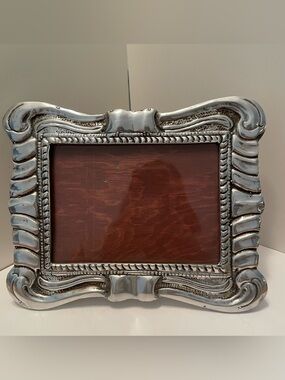 Mexican Pewter Photo Frame With Wood Easel Back Holds 5x7 Photo